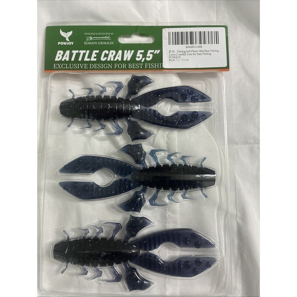 POWJOY BATTLE CRAW 5.5" Soft Plastic Craw Green/Blue/Red Freshwater Bait 3pk